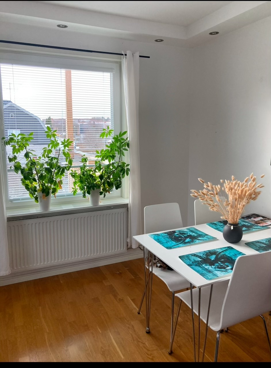 Mysig matplats med stora fönster och växter